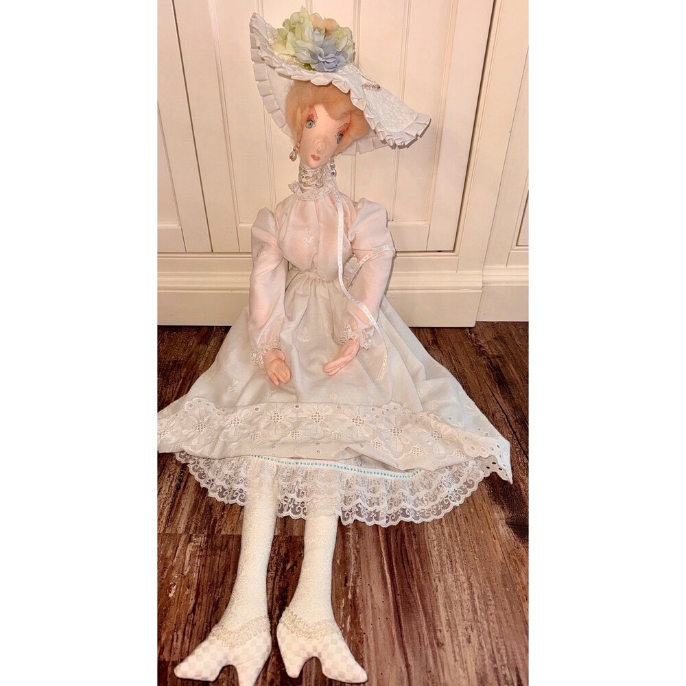 OOAK Artisan Cloth Doll Victorian Lady Lace Eyelet Dress Handmade Vintage 36’